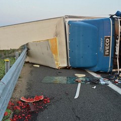 Camion con angurie si ribalta sull'A14 tra Andria e Trani