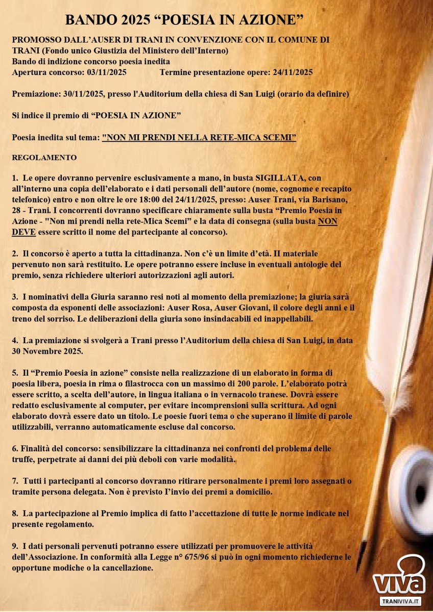 Auser Trani: Concorso di Poesia Contro le Truffe Anziani