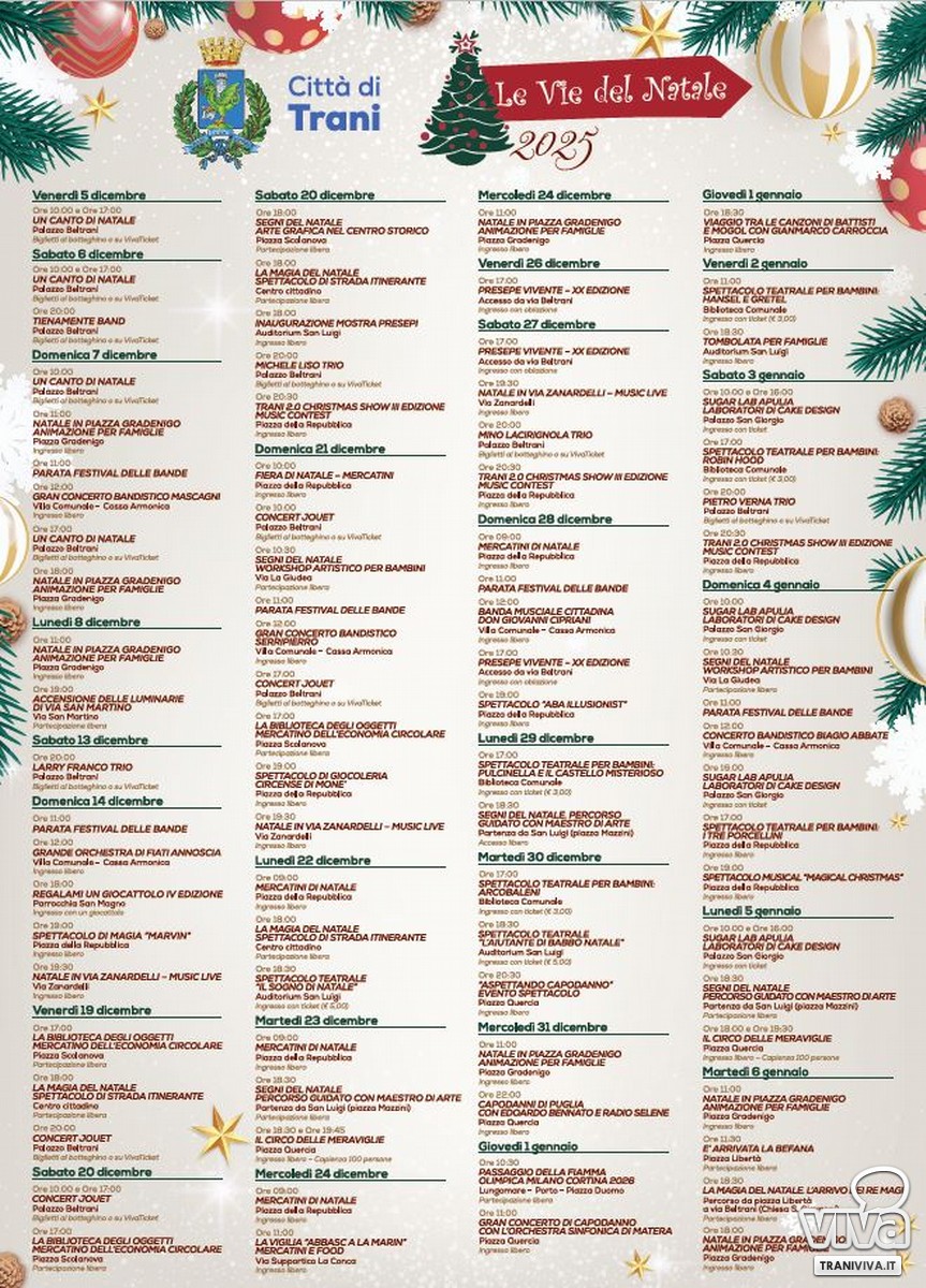 Trani celebra il Natale con oltre 80 eventi e tante novità