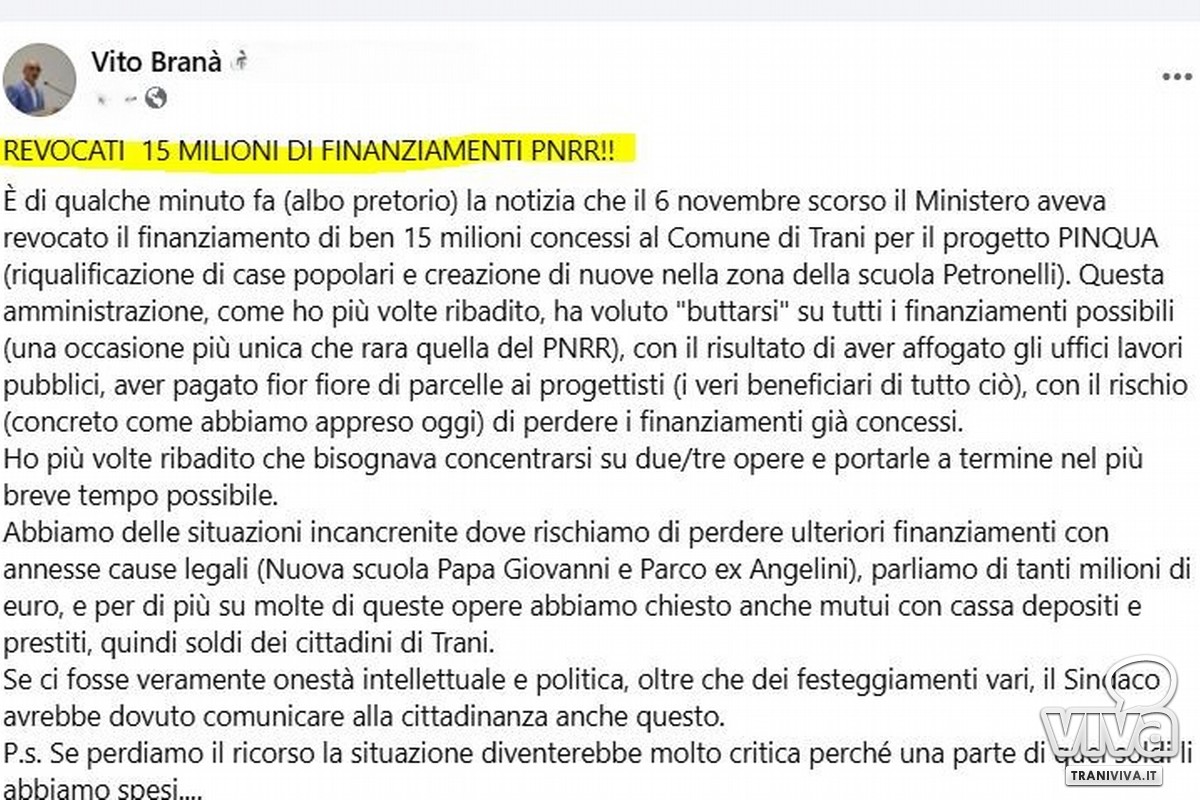 L'allarme di Branà (M5S): «Un disastro annunciato»