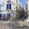 Via Zanardelli, operai Amiu in azione per pulire e lavare la strada in preda allo sporco